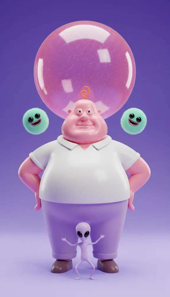 Cartoon chaos: Your character as a chunky 3D cartoon in a surreal meme world