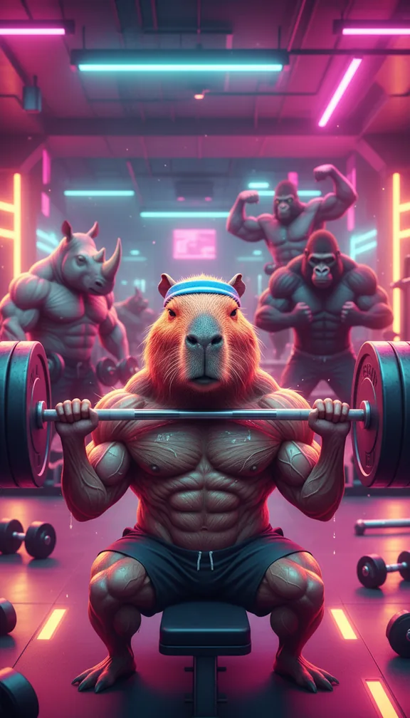 Gym beast: Your character as a ridiculously buff animal at the gym